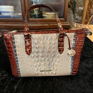 Brahmin Brown, Cream and Blue Crocodile Embossed Tote Bag Moonscape Portia